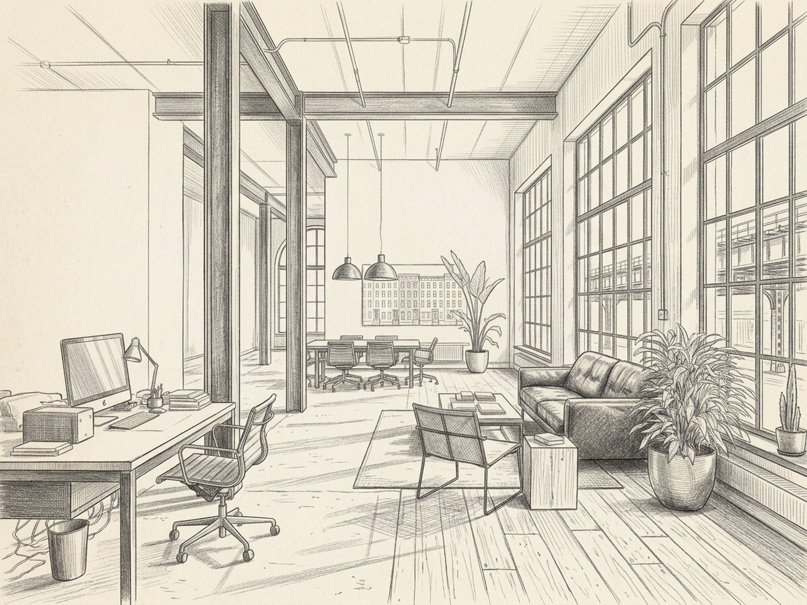Harlem loft interior — brick walls, steel factory windows, high ceilings