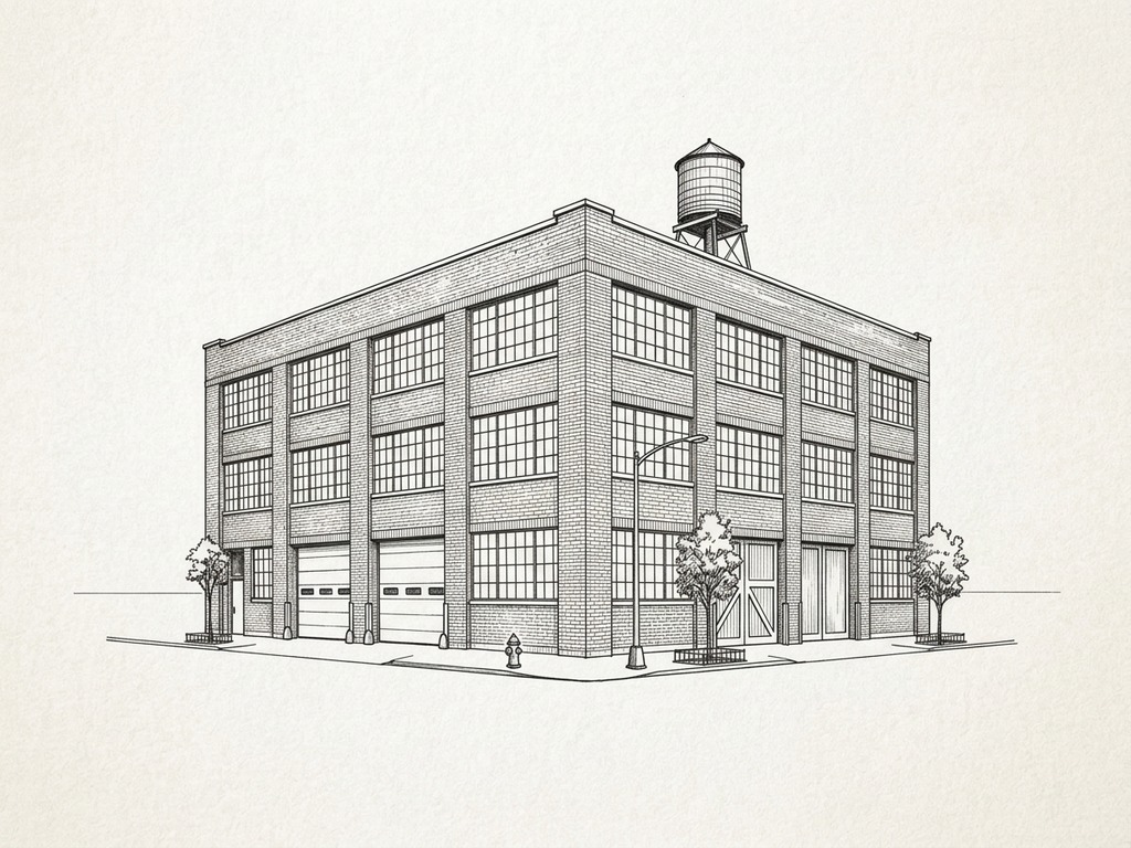 Ink sketch of a Long Island City warehouse building