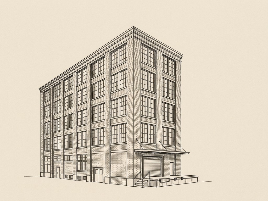 Ink sketch of a Mott Haven factory building